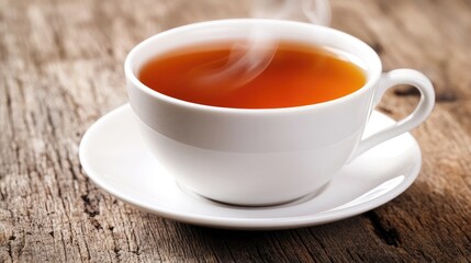 A steaming cup of tea rests on a wooden table