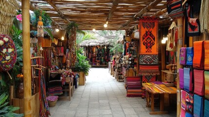 Obraz premium Vibrant Textile Market Under Wooden Canopy