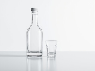 Klares Glasgefäß mit einer Flasche und einem Glas auf reflektierender Fläche

