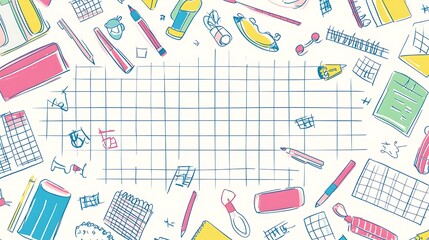A playful horizontal banner with colorful school supplies and doodles on a checkered paper background