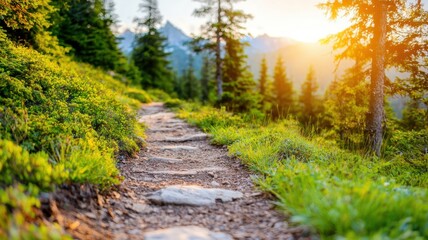 Fototapeta premium Headache Day concept. Scenic pathway through a lush forest at sunset.