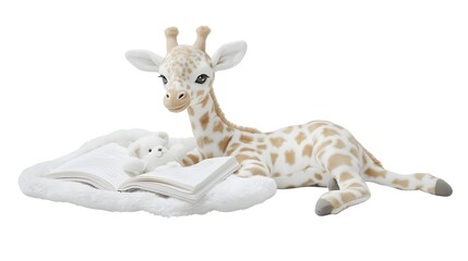 Cute Adorable Little Giraffe with Book and Toy in Watercolor Style