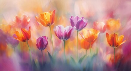 A vibrant display of tulips in various hues, creating a soft, dreamlike atmosphere filled with color and beauty.