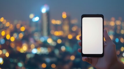 Hand holding a smartphone against a city skyline at dusk with blurred lights in the background