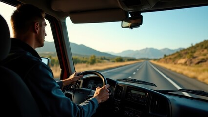 A truck driver sitting in the cabin, hands on the wheel, driving down a long highway with scenic views