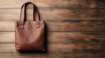 A stylish brown tote bag rests on a rustic wooden surface, showcasing a blend of elegance and practicality.