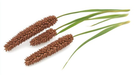 Naklejka premium A trio of brown seed heads with green grass-like leaves, showcasing a natural, earthy aesthetic.