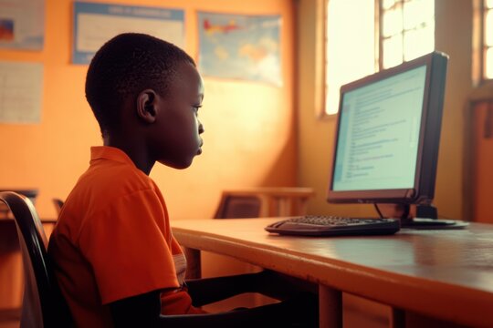 A young African boy sitting attentively at a computer desk, using educational software, with a modern and bright classroom setting framing the scene
