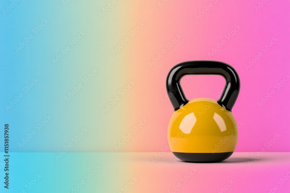 Poster a flat design of a kettlebell in vibrant colors, placed against a plain, gradient backdrop for a mod