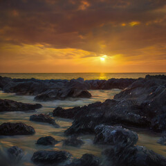 Obraz premium A mesmerizing sunset bathes the coastal landscape in a warm glow. Two birds soar through the sky, adding a touch of life to the serene tableau.