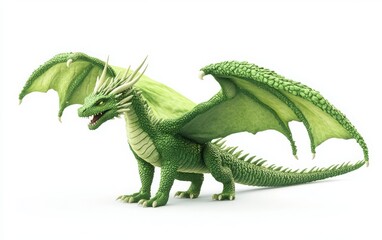 Fototapeta premium A 3D render of a full-body flying green dragon, isolated on a white background. 