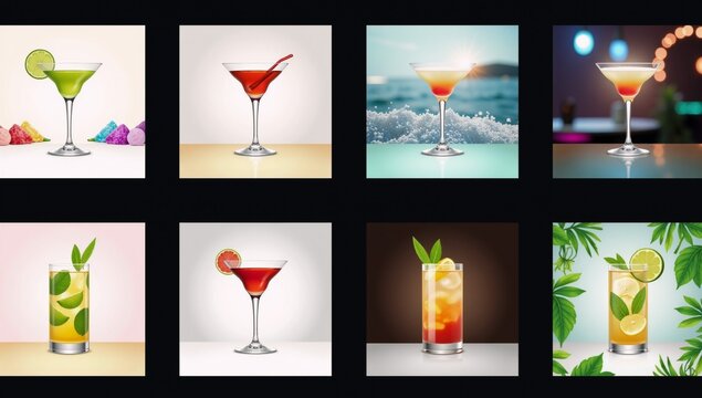 A flat-style design menu showcases an array of popular summer cocktails margaritas cosmos martinis tequila sunrises and mojitos in an abstract arrangement suitable for a chic alcoholic bar