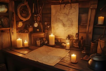 A dimly lit room with candles illuminating a table covered in maps and various antique objects.