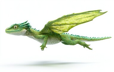 Obraz premium A 3D render of a green dragon flying through the air, its full body visible and isolated on a white background. 