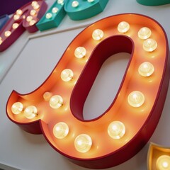 Retro-style 3D marquee sign featuring a lit up O in glowing neon letters against a white background