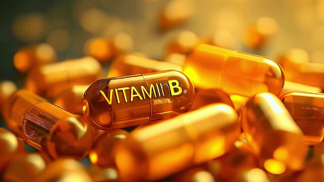 Close-up of orange vitamin B capsules scattered, highlighting health supplements.