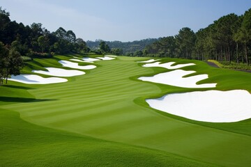 A golf course with immaculate green fairways, white sand traps, and a flag marking the hole under a sunny sky