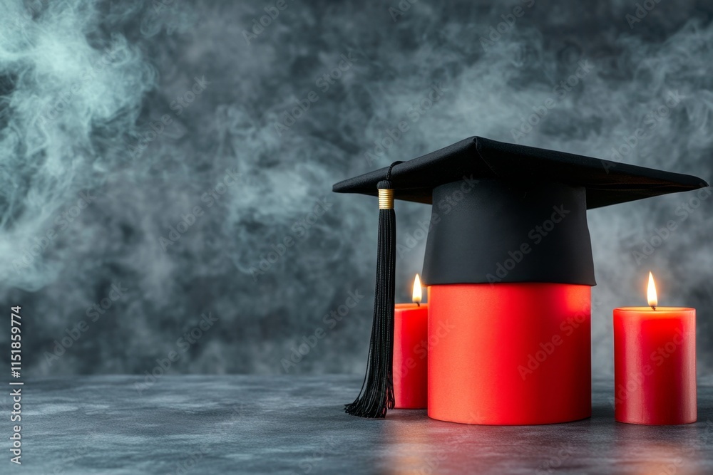 Poster a gothic depiction of a graduation cap with a black tassel, placed on a dark marble table surrounded