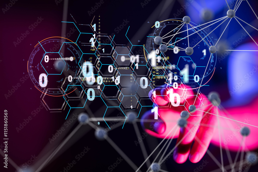 Poster Neural network 3D illustration. Big data and cybersecurity