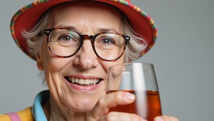 A happy grandma is portrayed in a casual pose donning glasses a hat and sipping on a cocktail