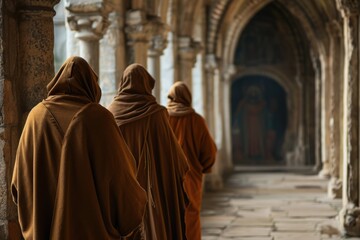 Monastic Devotion: A Captivating Rear View of Medieval Clergy Embracing Ancient Faith