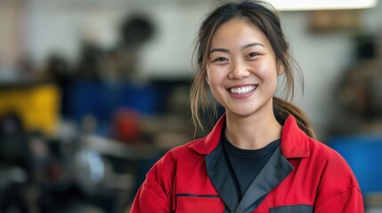 Portrait of Asian female mechanic smiling at camera wearing red overalls with black accents and standing in front of her car workshop background