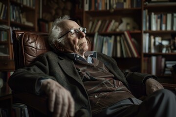 Elderly professor relaxing in leather armchair in his home library, enjoying a moment of peace surrounded by books
