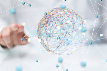 Global network. Blockchain. 3D illustration. Neural networks and artificial intelligence. Abstract