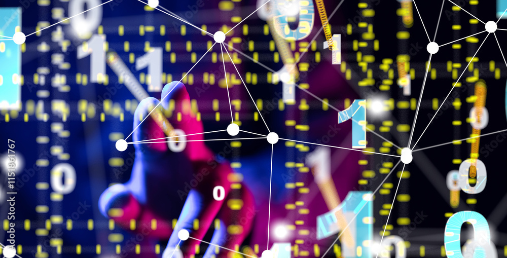 Poster Global network. Blockchain. 3D illustration. Neural networks and artificial intelligence. Abstract