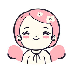 Adorable cartoon girl with pink hair, rosy cheeks, and floral accents, smiling sweetly. Perfect for kids' designs, stickers, and cheerful illustrations.