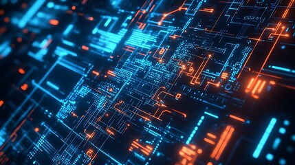 Obraz premium Abstract digital circuit board with glowing blue and orange lines