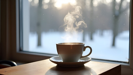 Fototapeta premium Steam coming out of a cup of hot coffee or hot tea on wooden table near winter snowfall outside glass window.