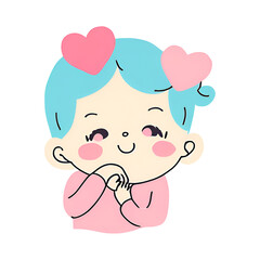 Adorable cartoon girl with blue hair, rosy cheeks, and pink hearts above her head. Perfect for kids' designs, cute stickers, and cheerful illustrations.