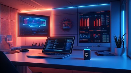 Obraz premium Futuristic programmer's workspace with vibrant neon lighting, multiple monitors displaying data, and a laptop showing code.