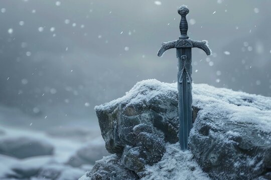 Metal sword stuck in snowy rock during snowfall, creating a mystical scene of power, courage, and legend