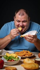 Image depicting an obese individual consuming unhealthy food as a representation of poor dietary habits and obesity issues within society