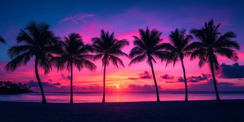 Fototapeta premium Neon Sunset with Palm Trees Over a Tropical Beach