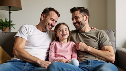 Fototapeta premium Heartwarming family portrait depicts smiling gay couple relaxing with daughter on sofa highlighting happiness in domestic life