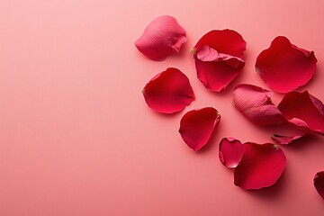 Fototapeta premium Scattered red rose petals on pale pink gradient background create romantic and serene atmosphere