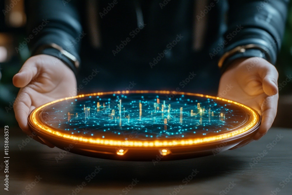 Poster A holographic graph interface floating above a desk, with glowing 3D bars and real-time data streams in a sci-fi environment