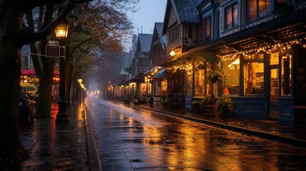 Naklejka premium Rainy Night in a Charming Town: A Captivating Street Scene