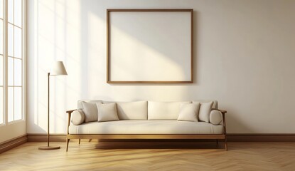 Fototapeta premium Modern Minimalist Living Room Interior Design with Beige Sofa and Empty Frame