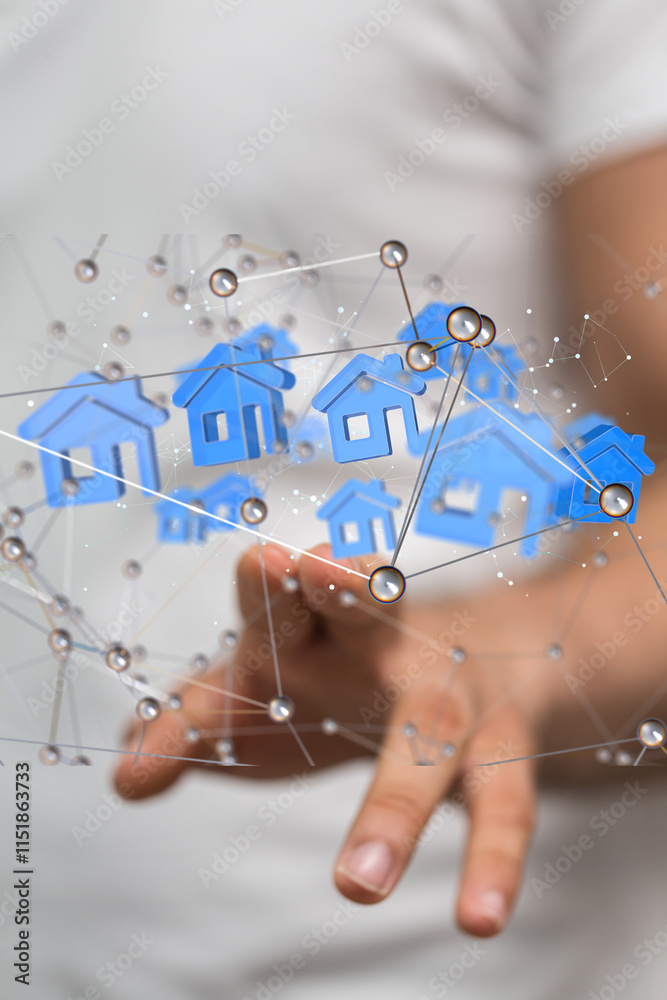 Poster home iot - Neural network 3D illustration. Big data and cybersecurity