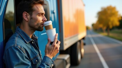 A truck driver taking a break at a rest stop, sipping coffee beside their parked vehicle