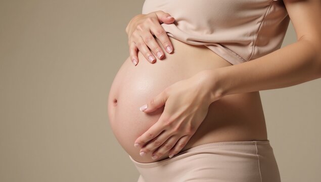 A pregnant woman tenderly cradles her growing bump - Powered by Adobe