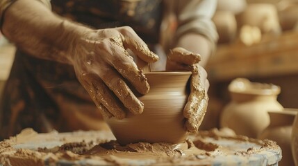 Male hands molding wet clay on pottery wheel closeup image. Artisan man shaping handmade ceramics with skilled hands close up photography. Creative craft concept photo realistic
