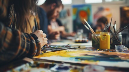 Female artist hands working on vibrant painting in art studio image. Paintbrushes jars, colorful paints photography scene wallpaper. Creative process concept photorealistic photo