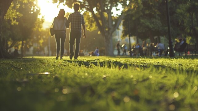 Couple walking hand-in-hand on grassy path in sunlit park image. Lush greenery, golden sunlight photography scene wallpaper. Sunny evening environment concept photorealistic photo