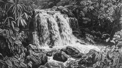 A beautifully detailed pencil illustration of a cascading waterfall surrounded by jagged rocks and dense foliage, capturing the motion of water.