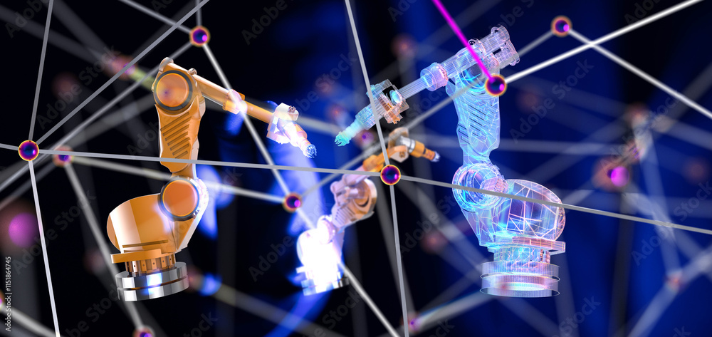 Poster Neural network 3D illustration. Big data and cybersecurity - 3d